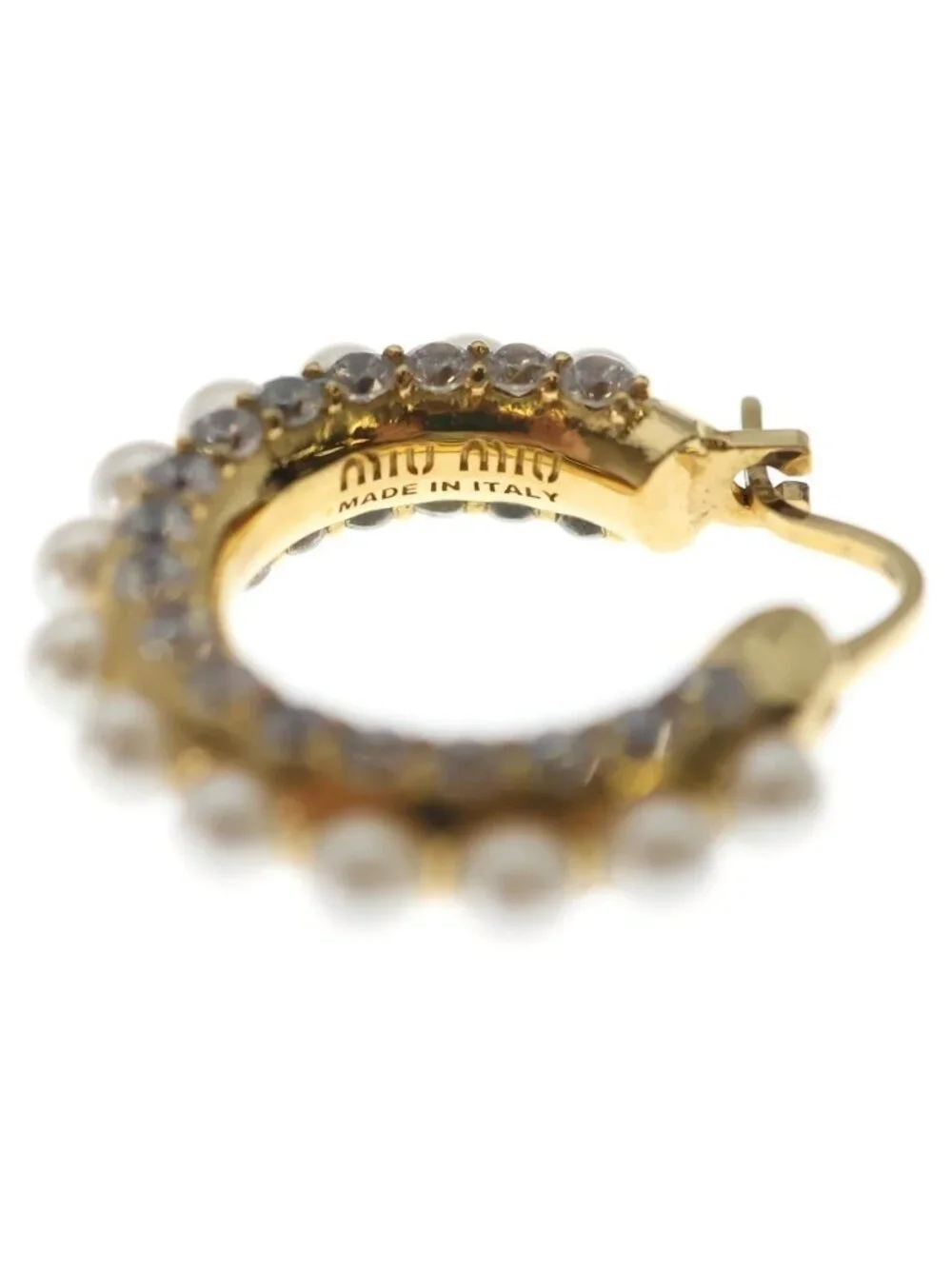 Miu Miu Rhinestone Pearl Hoop Drop Earrings White Gold